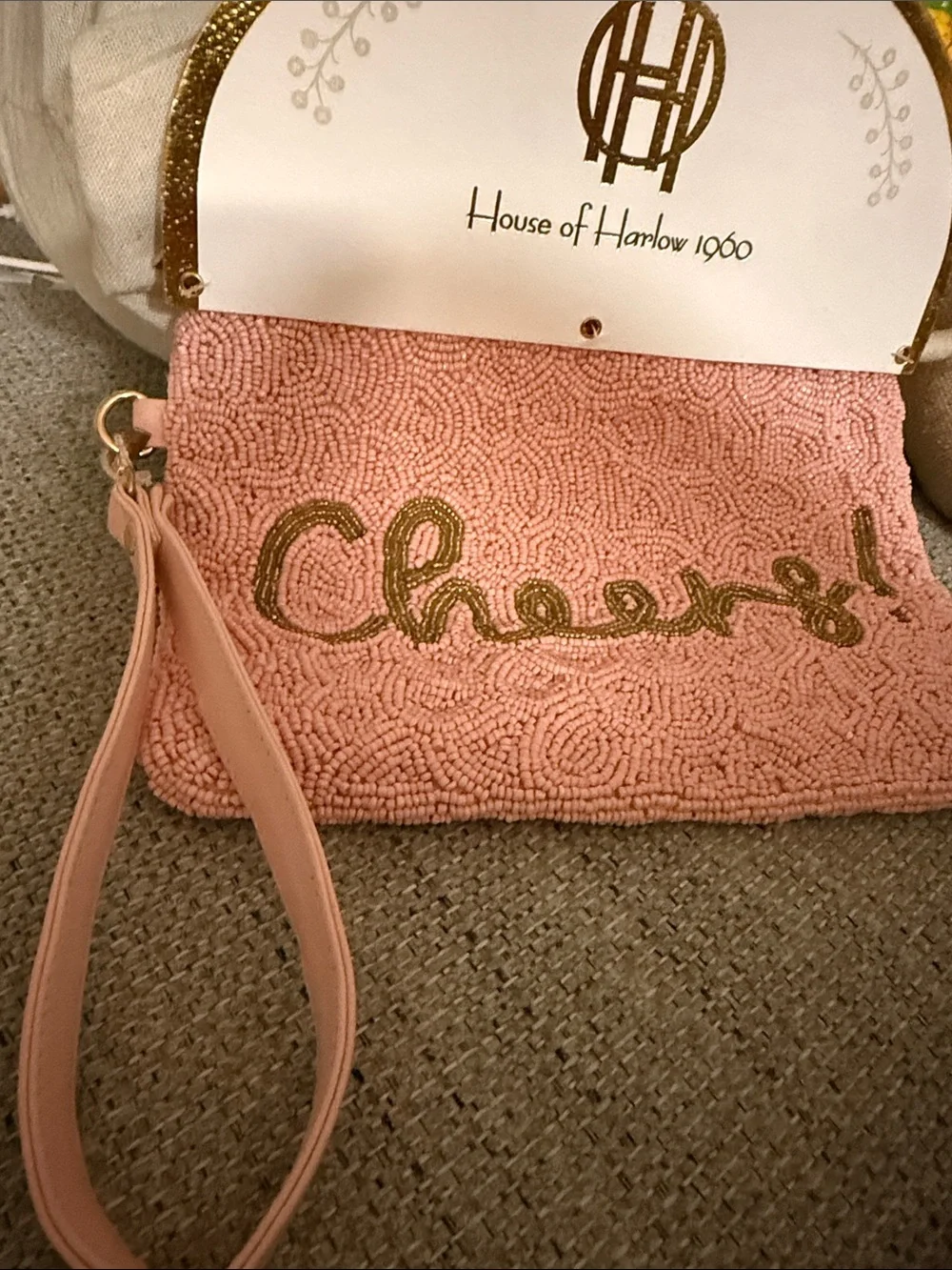 🌷New🌷House of Harlow 1960 Pink Beaded Clutch with Gold 'Cheers!' Script